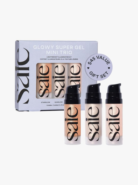 Saie Mini Glowy Super Gel Trio Gift Set in branded components on a light gray backgorund