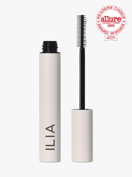 Ilia Limitless Lash Mascara in branded component on a light gray background with white and red Allure Readers' Choice Award seal in the top right corner